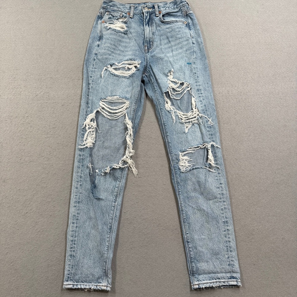 American Eagle Mom Jeans Women's 0 Long Light Blue Distressed Ripped High Rise